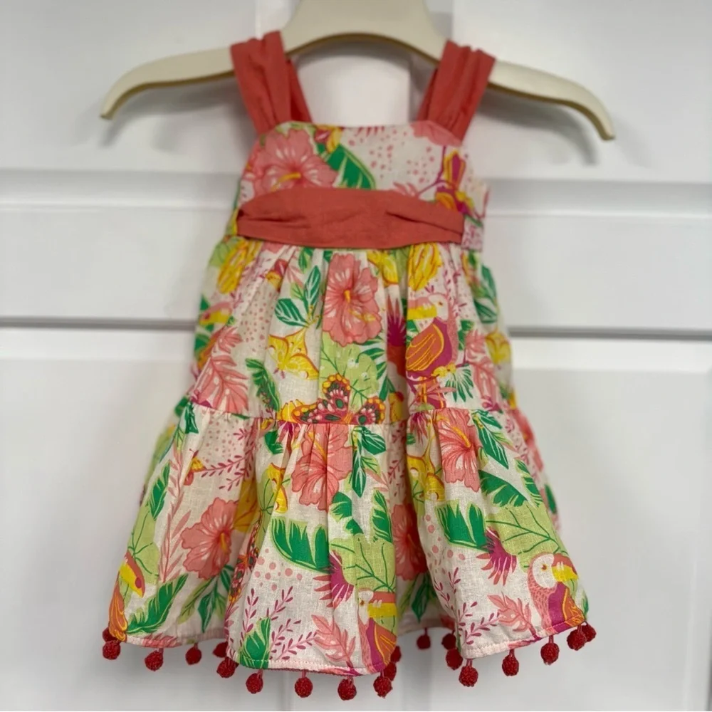 NWT Tommy Bahama Linen Blend Sun Dress Girls 18m Tropical Flowers Bird Butterfly
